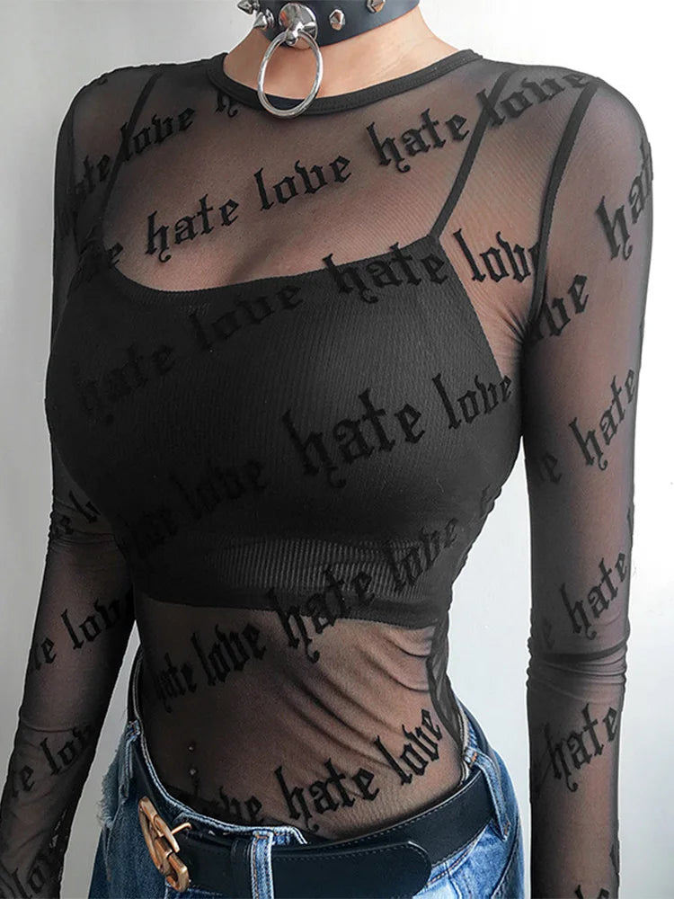 Top transparente con motivo "hate love"