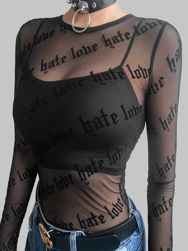 Top transparente con motivo "hate love"