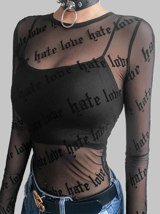 Top transparente con motivo "hate love"