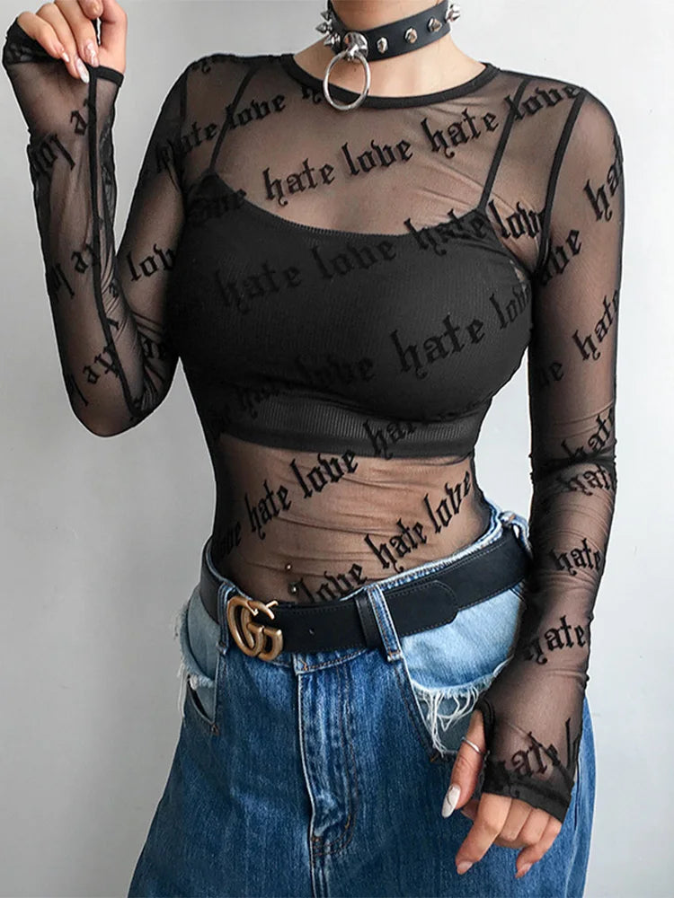 Top transparente con motivo "hate love"