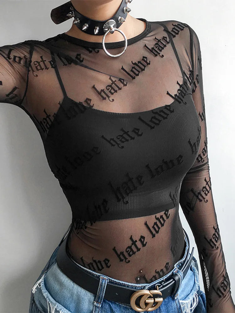 Top transparente con motivo "hate love"